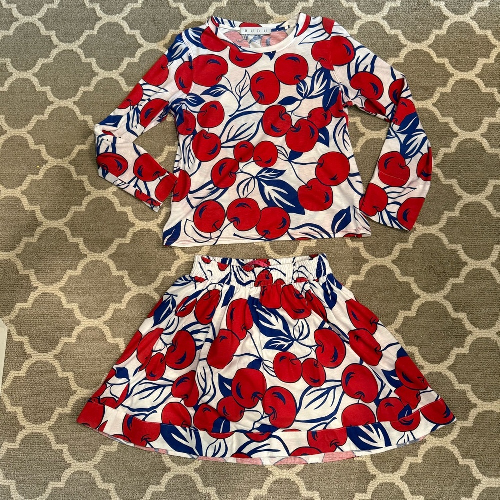 BURU Cherry Print Long Sleeve Top and Skirt Set